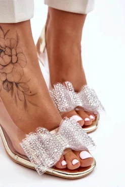 Damskie buty S.Barski Modne Transparentne Sandały Z Kokardą Złote Ariella