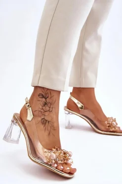 Damskie buty S.Barski Sandały Na Obcasie*Modne Transparentne Sandałki Z Ozdobami Złote Carmelo