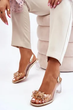 Damskie buty S.Barski Sandały Na Obcasie*Modne Transparentne Sandałki Z Ozdobami Złote Carmelo