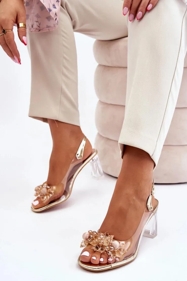 Damskie buty S.Barski Sandały Na Obcasie*Modne Transparentne Sandałki Z Ozdobami Złote Carmelo