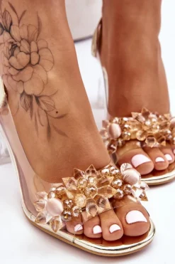 Damskie buty S.Barski Sandały Na Obcasie*Modne Transparentne Sandałki Z Ozdobami Złote Carmelo