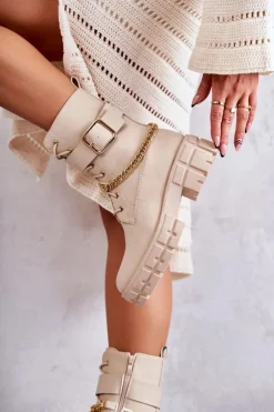 Boto Botki Sznurowane|Czarne Botki*Modne Workery Botki Z Łańcuchem Beżowe Solesso