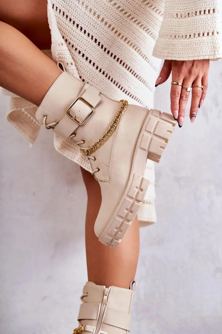 Boto Botki Sznurowane|Czarne Botki*Modne Workery Botki Z Łańcuchem Beżowe Solesso