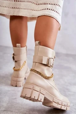 Boto Botki Sznurowane|Czarne Botki*Modne Workery Botki Z Łańcuchem Beżowe Solesso