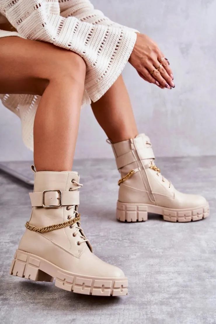 Boto Botki Sznurowane|Czarne Botki*Modne Workery Botki Z Łańcuchem Beżowe Solesso