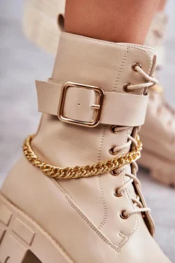 Boto Botki Sznurowane|Czarne Botki*Modne Workery Botki Z Łańcuchem Beżowe Solesso