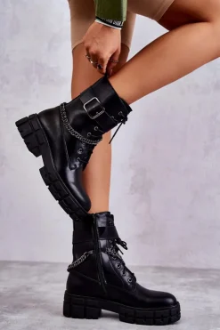 Damskie Boto Modne Workery Botki Z Łańcuchem Czarne Solesso