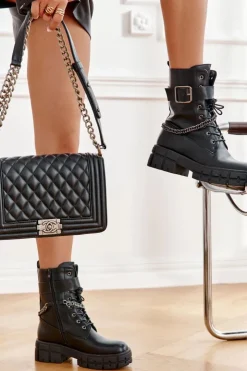 Damskie Boto Modne Workery Botki Z Łańcuchem Czarne Solesso