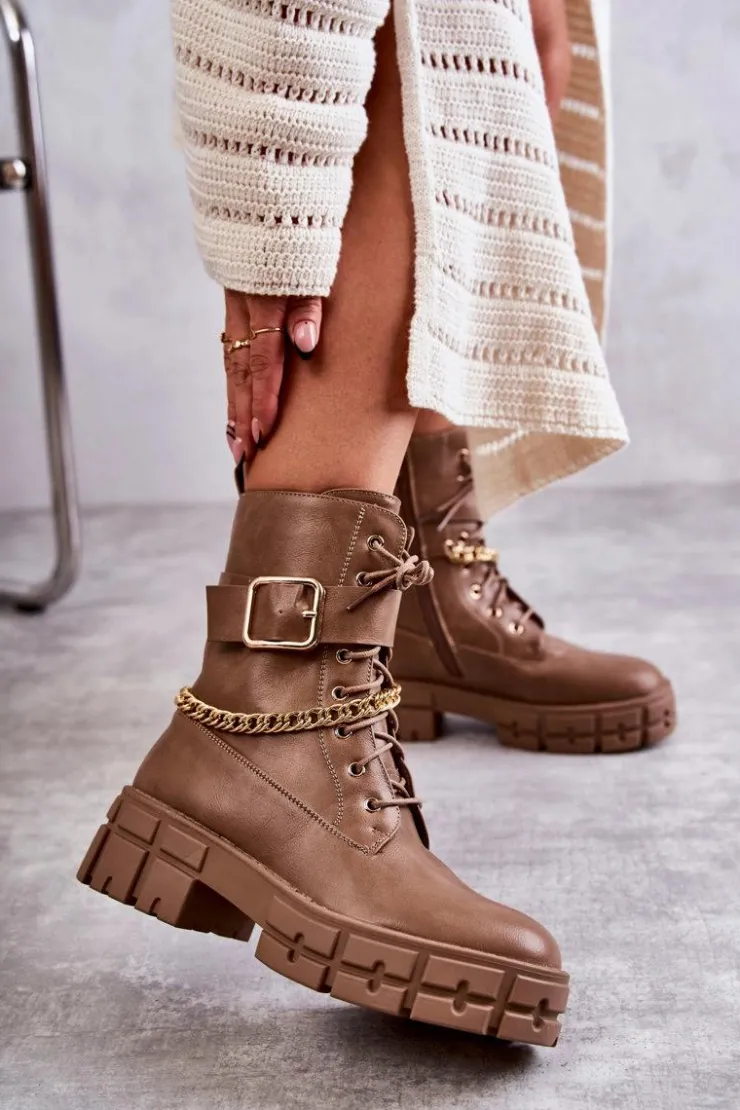 Discount Boto Modne Workery Botki Z Łańcuchem Brązowe Solesso