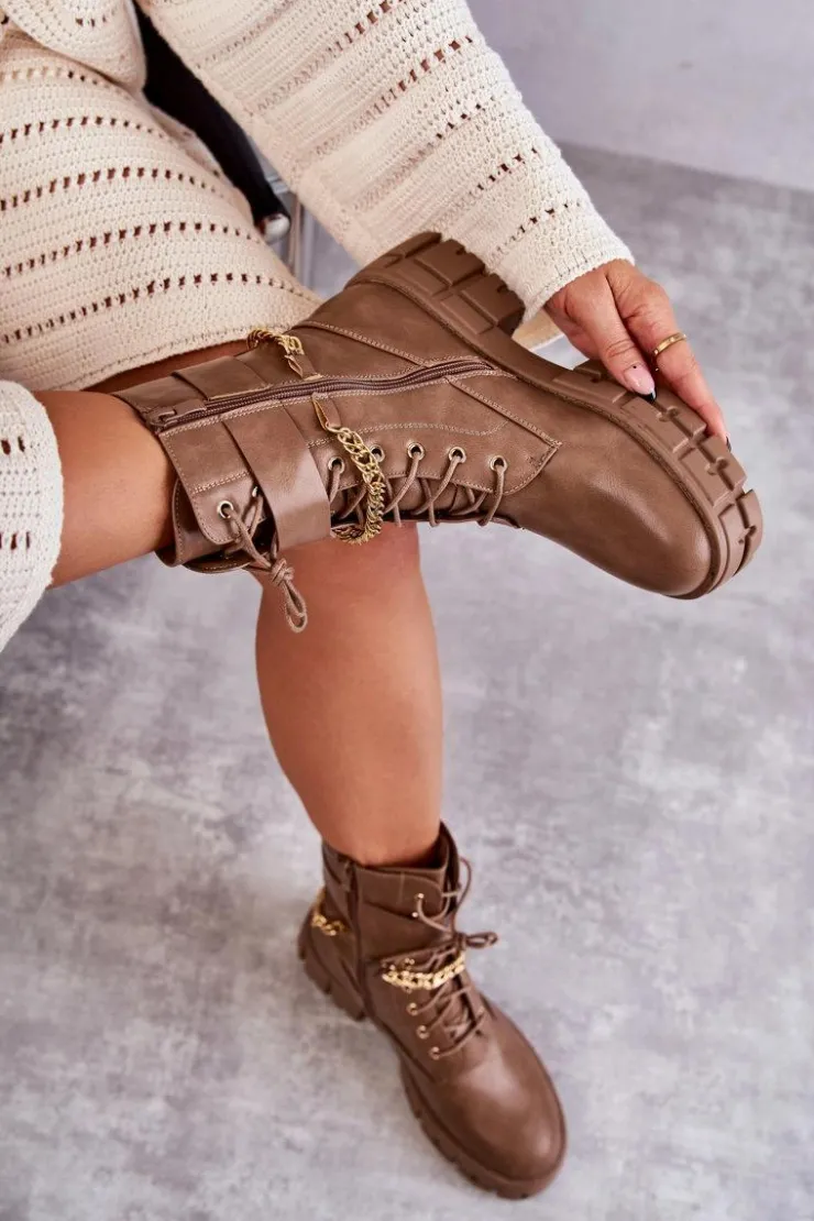 Discount Boto Modne Workery Botki Z Łańcuchem Brązowe Solesso