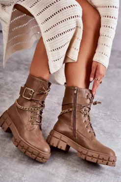 Discount Boto Modne Workery Botki Z Łańcuchem Brązowe Solesso