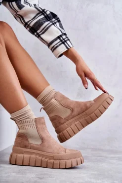 Boto Brązowe I Beżowe Botki|Botki Workery*Modne Wsuwane Botki Na Platformie Ciemnobeżowe Jenna