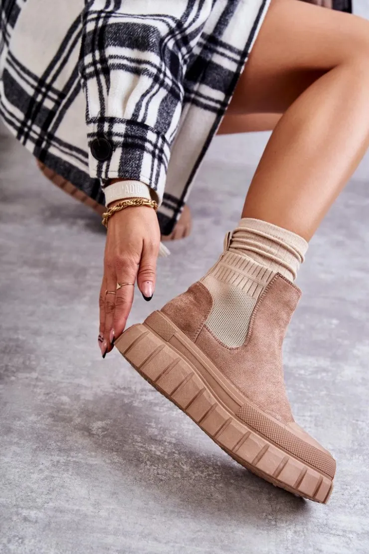 Boto Brązowe I Beżowe Botki|Botki Workery*Modne Wsuwane Botki Na Platformie Ciemnobeżowe Jenna