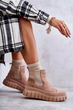 Boto Brązowe I Beżowe Botki|Botki Workery*Modne Wsuwane Botki Na Platformie Ciemnobeżowe Jenna
