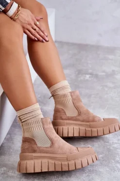 Boto Brązowe I Beżowe Botki|Botki Workery*Modne Wsuwane Botki Na Platformie Ciemnobeżowe Jenna