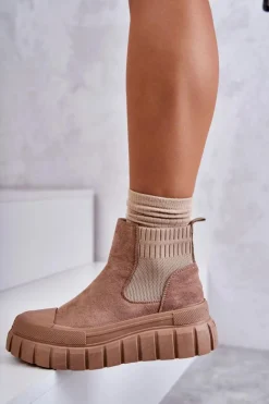 Boto Brązowe I Beżowe Botki|Botki Workery*Modne Wsuwane Botki Na Platformie Ciemnobeżowe Jenna