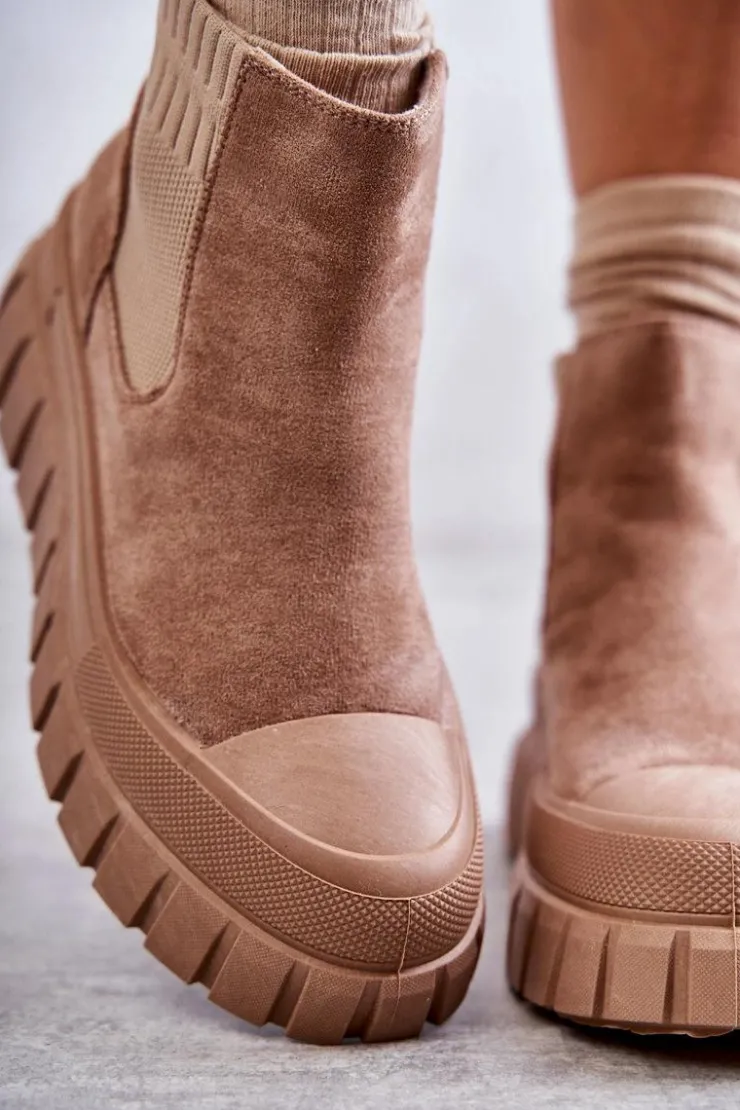 Boto Brązowe I Beżowe Botki|Botki Workery*Modne Wsuwane Botki Na Platformie Ciemnobeżowe Jenna