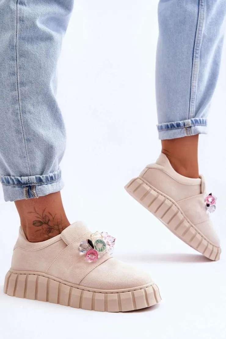 Boto Buty Sportowe Na Platformie|Sneakersy Damskie*Modne Wsuwane Buty Sportowe Półbuty Z Ozdobą Beżowe Desire