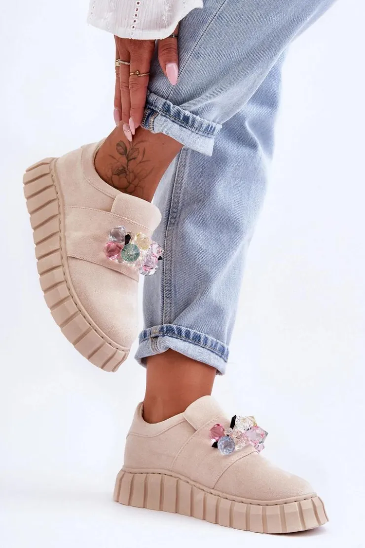 Boto Buty Sportowe Na Platformie|Sneakersy Damskie*Modne Wsuwane Buty Sportowe Półbuty Z Ozdobą Beżowe Desire