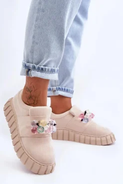Boto Buty Sportowe Na Platformie|Sneakersy Damskie*Modne Wsuwane Buty Sportowe Półbuty Z Ozdobą Beżowe Desire