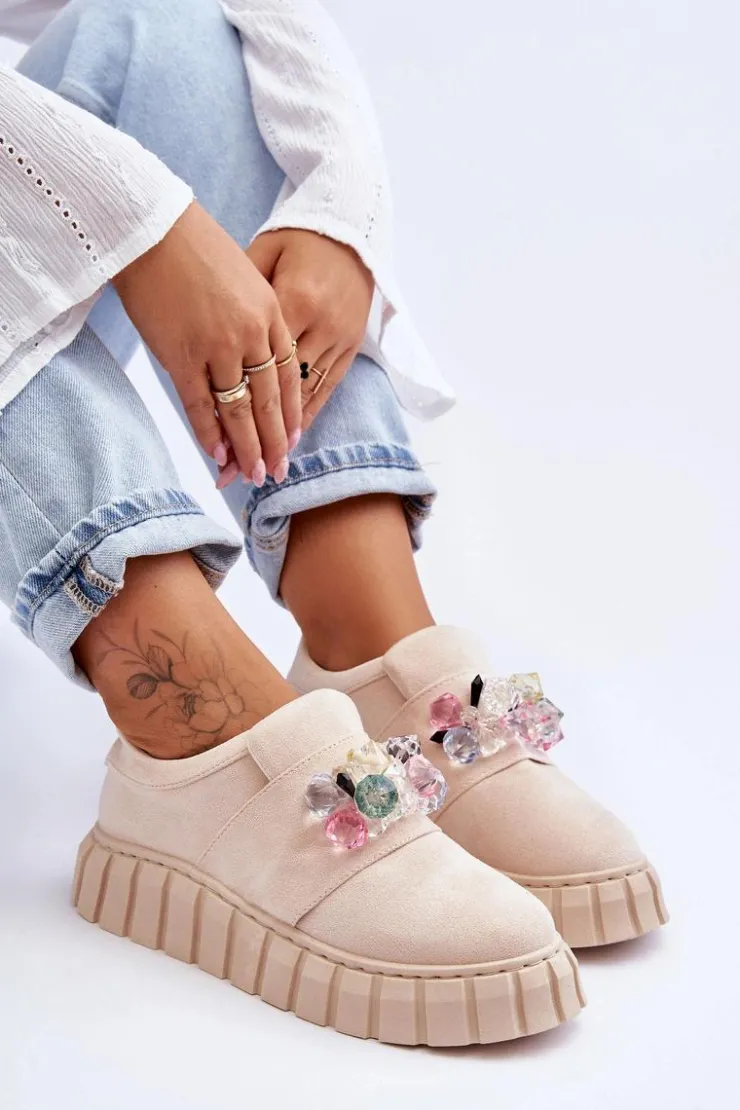 Boto Buty Sportowe Na Platformie|Sneakersy Damskie*Modne Wsuwane Buty Sportowe Półbuty Z Ozdobą Beżowe Desire