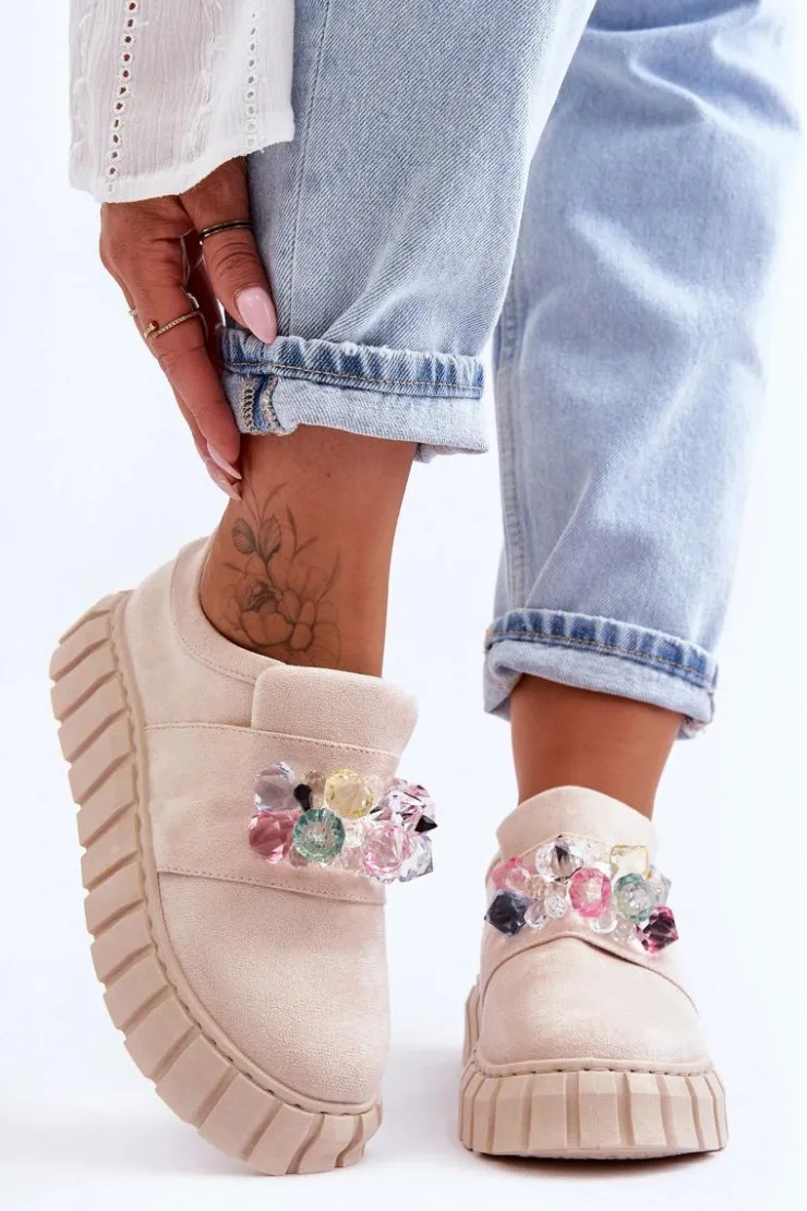 Boto Buty Sportowe Na Platformie|Sneakersy Damskie*Modne Wsuwane Buty Sportowe Półbuty Z Ozdobą Beżowe Desire