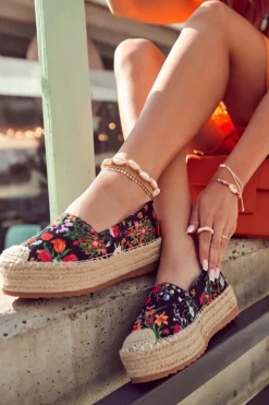Boto Modne Wsuwane Espadryle W Kwiaty Czarne Morice