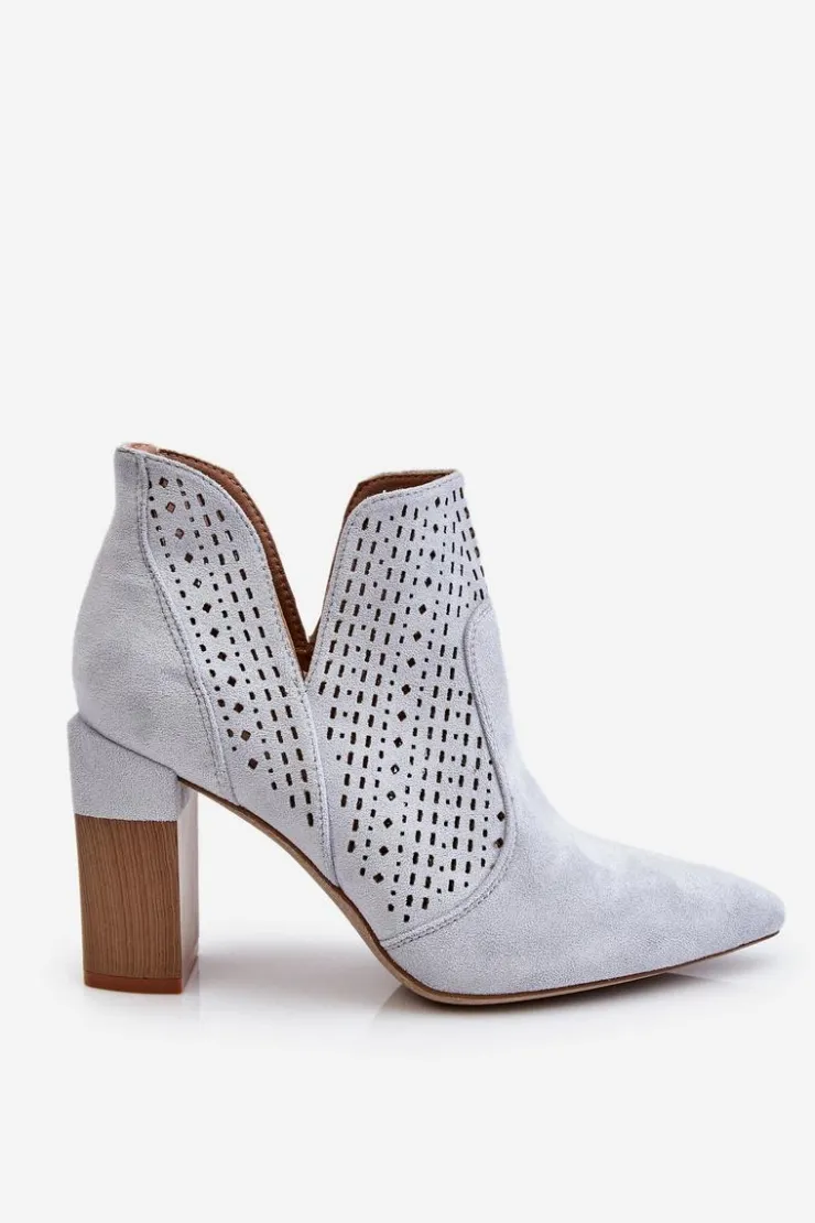 New Boto Modne Zamszowe Ażurowe Botki Na Obcasie Szare Genevi