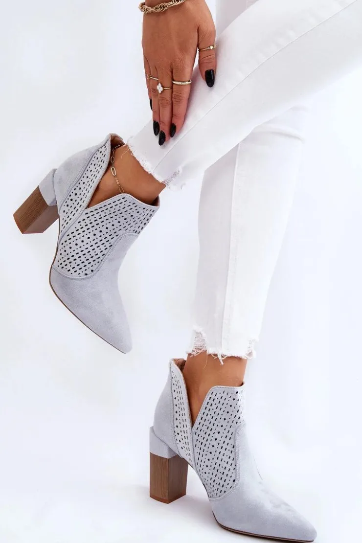 New Boto Modne Zamszowe Ażurowe Botki Na Obcasie Szare Genevi