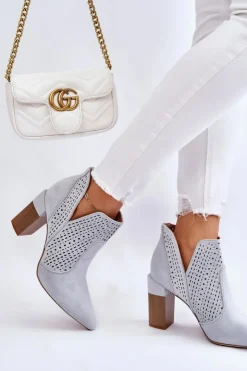 New Boto Modne Zamszowe Ażurowe Botki Na Obcasie Szare Genevi