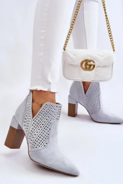 New Boto Modne Zamszowe Ażurowe Botki Na Obcasie Szare Genevi