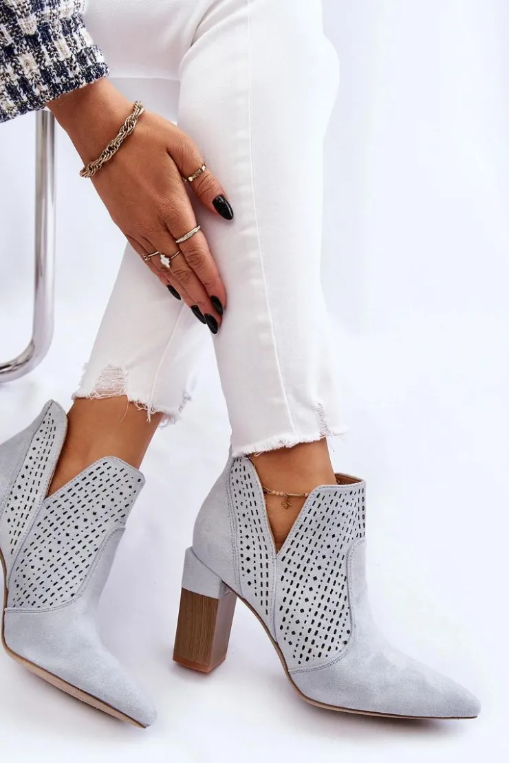 New Boto Modne Zamszowe Ażurowe Botki Na Obcasie Szare Genevi