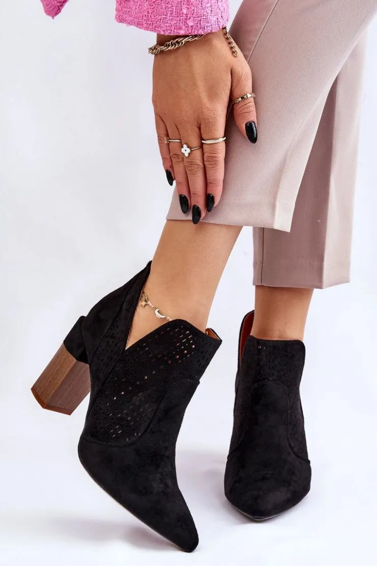 Hot Boto Modne Zamszowe Ażurowe Botki Na Obcasie Czarne Genevi