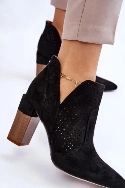 Hot Boto Modne Zamszowe Ażurowe Botki Na Obcasie Czarne Genevi