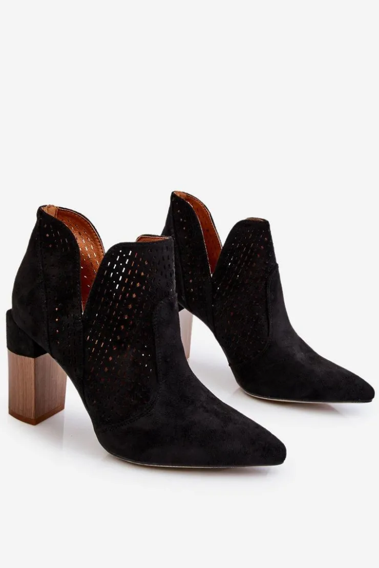 Hot Boto Modne Zamszowe Ażurowe Botki Na Obcasie Czarne Genevi