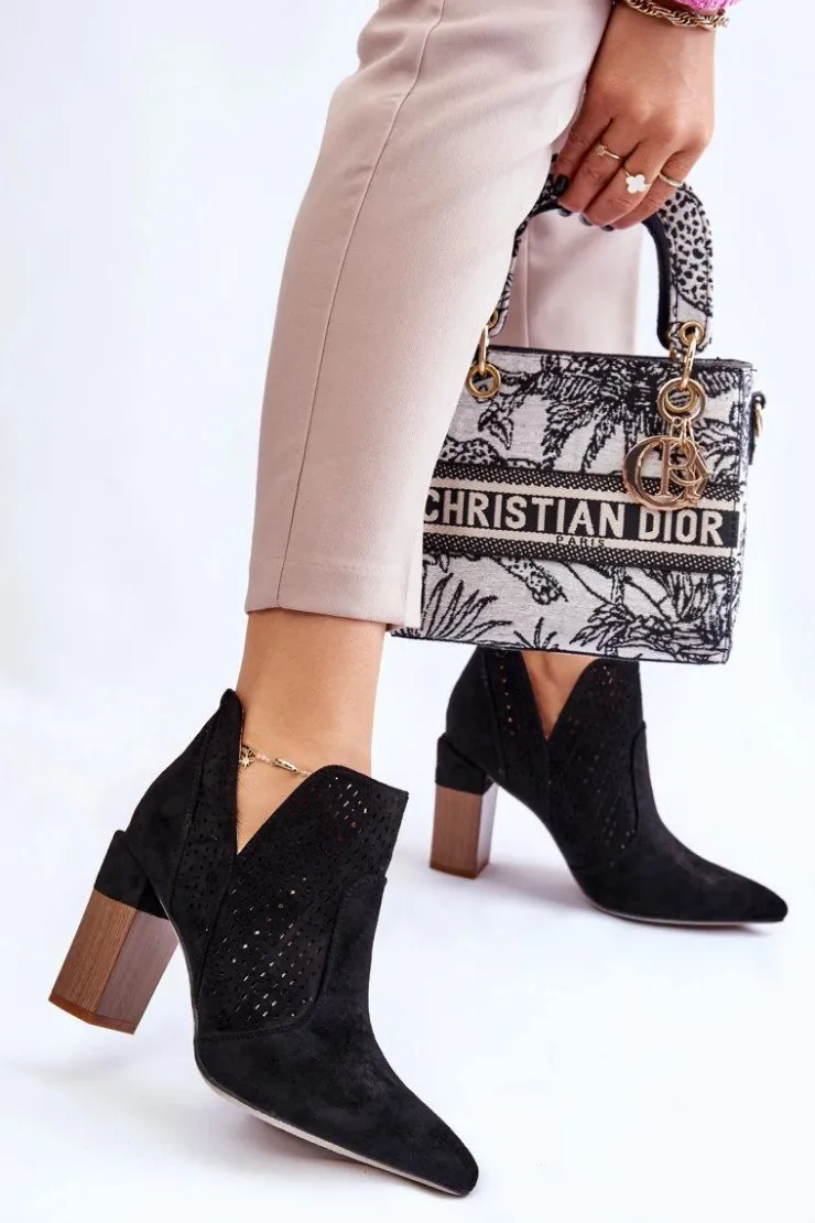 Hot Boto Modne Zamszowe Ażurowe Botki Na Obcasie Czarne Genevi