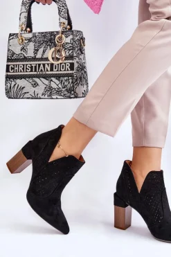 Hot Boto Modne Zamszowe Ażurowe Botki Na Obcasie Czarne Genevi