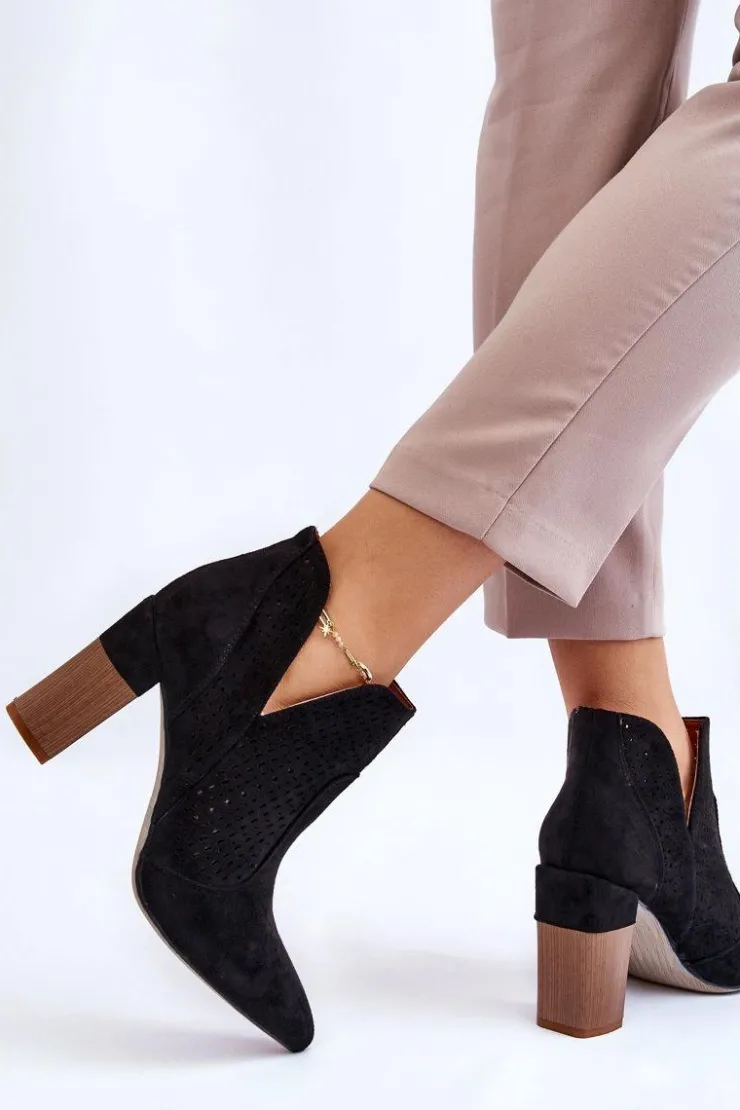 Hot Boto Modne Zamszowe Ażurowe Botki Na Obcasie Czarne Genevi