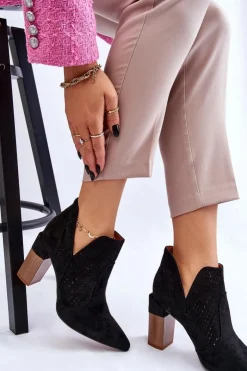 Hot Boto Modne Zamszowe Ażurowe Botki Na Obcasie Czarne Genevi