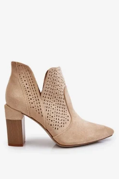 Boto Botki Wiosenne|Botki Na Słupku*Modne Zamszowe Ażurowe Botki Na Obcasie Jasnobeżowe Genevi