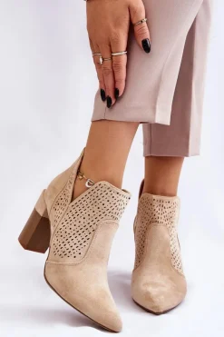 Boto Botki Wiosenne|Botki Na Słupku*Modne Zamszowe Ażurowe Botki Na Obcasie Jasnobeżowe Genevi