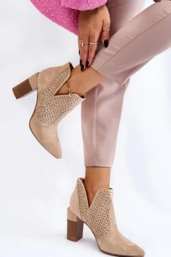 Boto Botki Wiosenne|Botki Na Słupku*Modne Zamszowe Ażurowe Botki Na Obcasie Jasnobeżowe Genevi