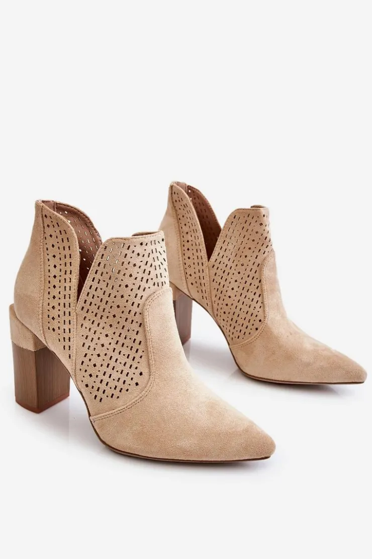 Boto Botki Wiosenne|Botki Na Słupku*Modne Zamszowe Ażurowe Botki Na Obcasie Jasnobeżowe Genevi