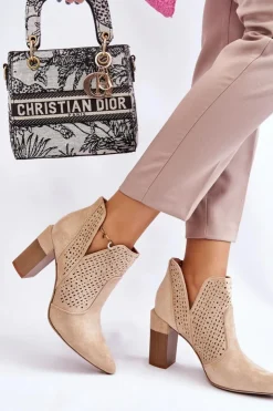 Boto Botki Wiosenne|Botki Na Słupku*Modne Zamszowe Ażurowe Botki Na Obcasie Jasnobeżowe Genevi