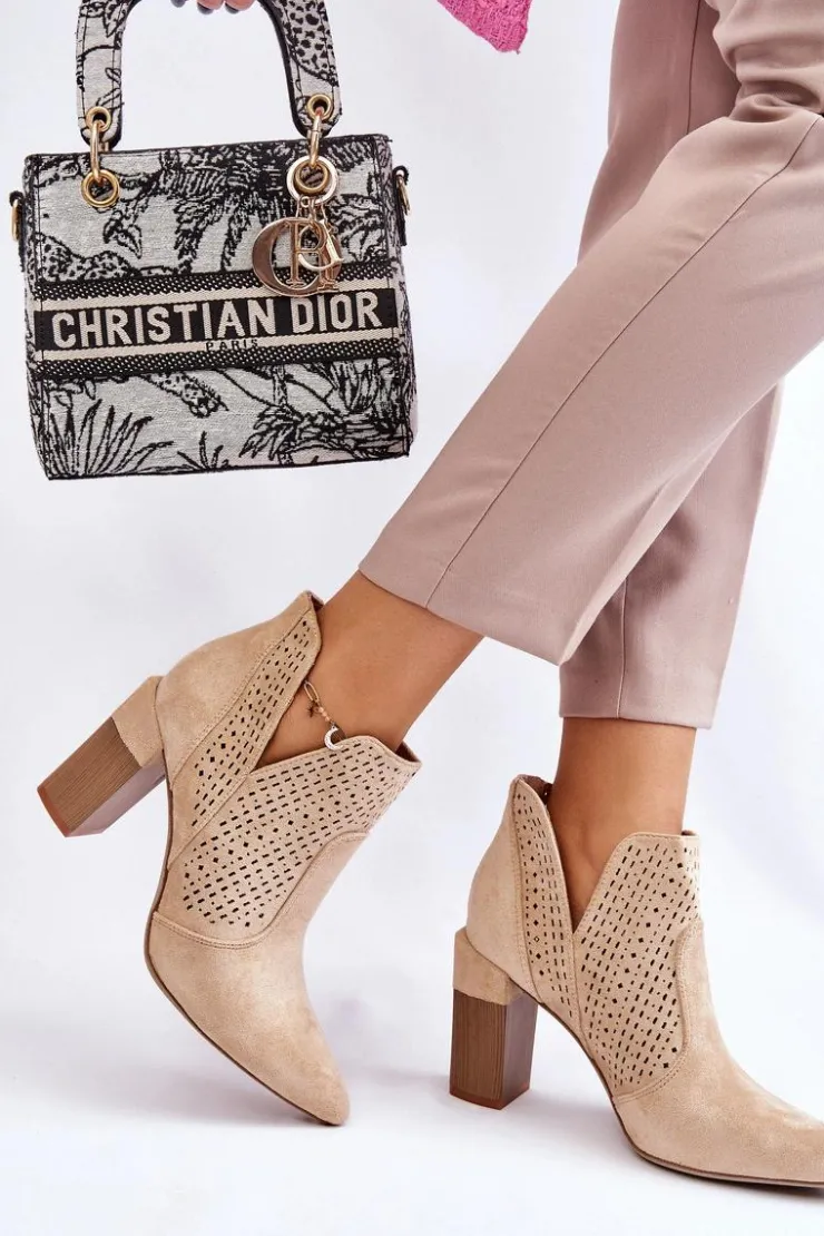 Boto Botki Wiosenne|Botki Na Słupku*Modne Zamszowe Ażurowe Botki Na Obcasie Jasnobeżowe Genevi