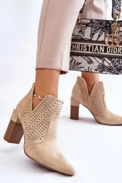 Boto Botki Wiosenne|Botki Na Słupku*Modne Zamszowe Ażurowe Botki Na Obcasie Jasnobeżowe Genevi