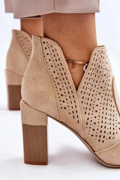 Boto Botki Wiosenne|Botki Na Słupku*Modne Zamszowe Ażurowe Botki Na Obcasie Jasnobeżowe Genevi