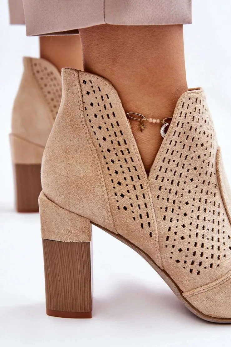 Boto Botki Wiosenne|Botki Na Słupku*Modne Zamszowe Ażurowe Botki Na Obcasie Jasnobeżowe Genevi