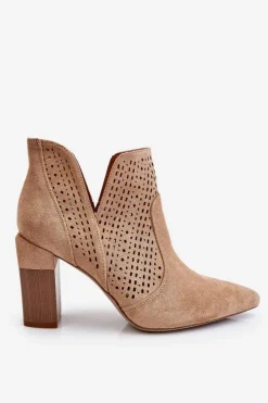 Damskie Boto Modne Zamszowe Ażurowe Botki Na Obcasie Beżowe Genevi