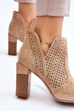 Damskie Boto Modne Zamszowe Ażurowe Botki Na Obcasie Beżowe Genevi